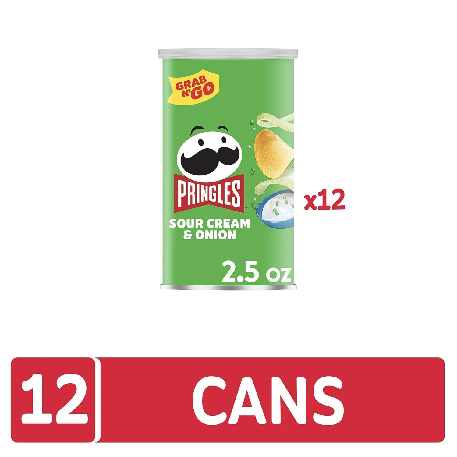 Pringles Potato Crisps Chips, Lunch Snacks, Office and Kids Snacks, Grab N' Go, Sour Cream and Onion (12 Cans)