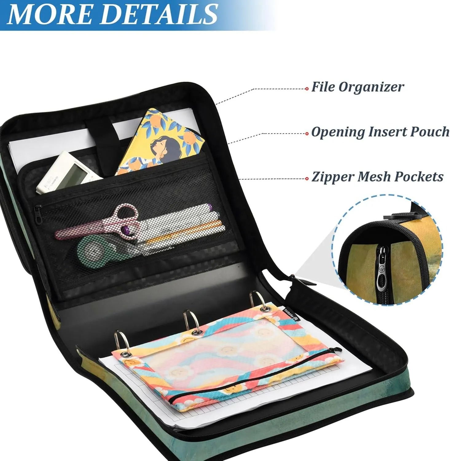 Print 1 1/2 Inch Binders 3 Ring Edgar Degas Ballet Dancer Painting Zip up Binder Organizer Multi Pockets Large Portfolio Folder Keeper Binder Bag with Strap for School