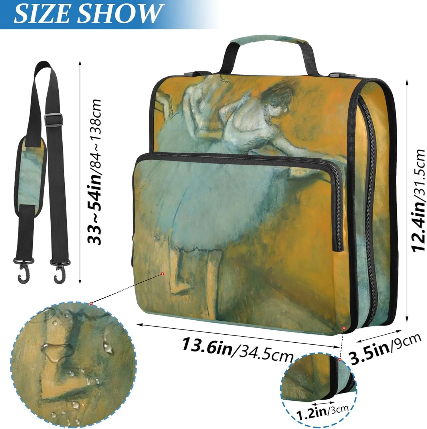 Print 1 1/2 Inch Binders 3 Ring Edgar Degas Ballet Dancer Painting Zip up Binder Organizer Multi Pockets Large Portfolio Folder Keeper Binder Bag with Strap for School