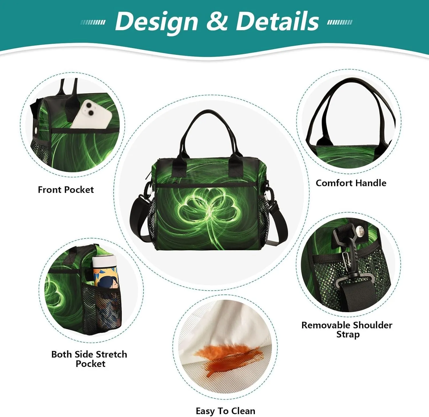 Print St.Patrick Day Shamrock Irish Lucky Clover Leaves Thermal Insulated Cooler Lunchbox Bag, Leakproof Nylon Lunch Meal Box Cotton Layer Holder Adjustable Strap S(11x10.6x5.5 in)