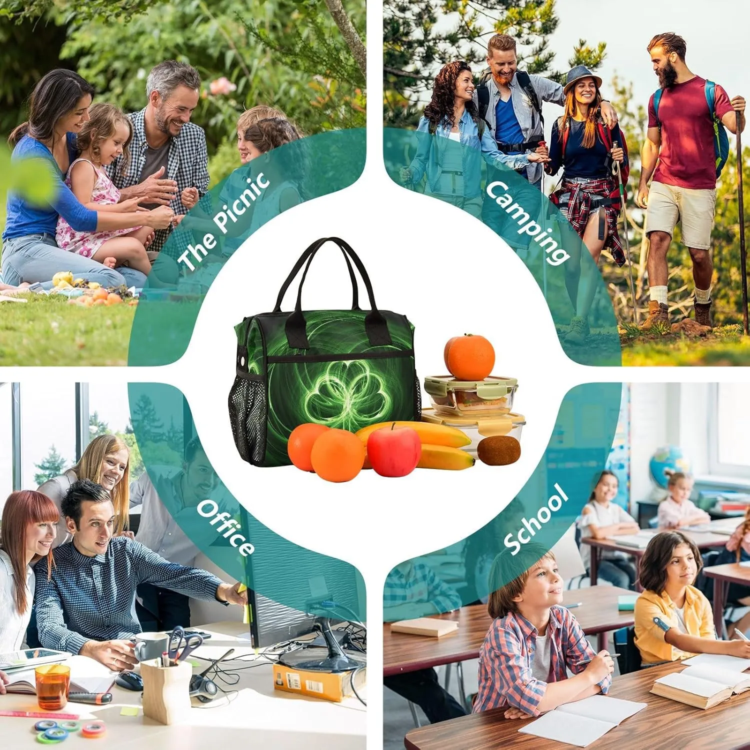 Print St.Patrick Day Shamrock Irish Lucky Clover Leaves Thermal Insulated Cooler Lunchbox Bag, Leakproof Nylon Lunch Meal Box Cotton Layer Holder Adjustable Strap S(11x10.6x5.5 in)