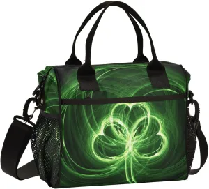 Print St.Patrick Day Shamrock Irish Lucky Clover Leaves Thermal Insulated Cooler Lunchbox Bag, Leakproof Nylon Lunch Meal Box Cotton Layer Holder Adjustable Strap S(11x10.6x5.5 in)