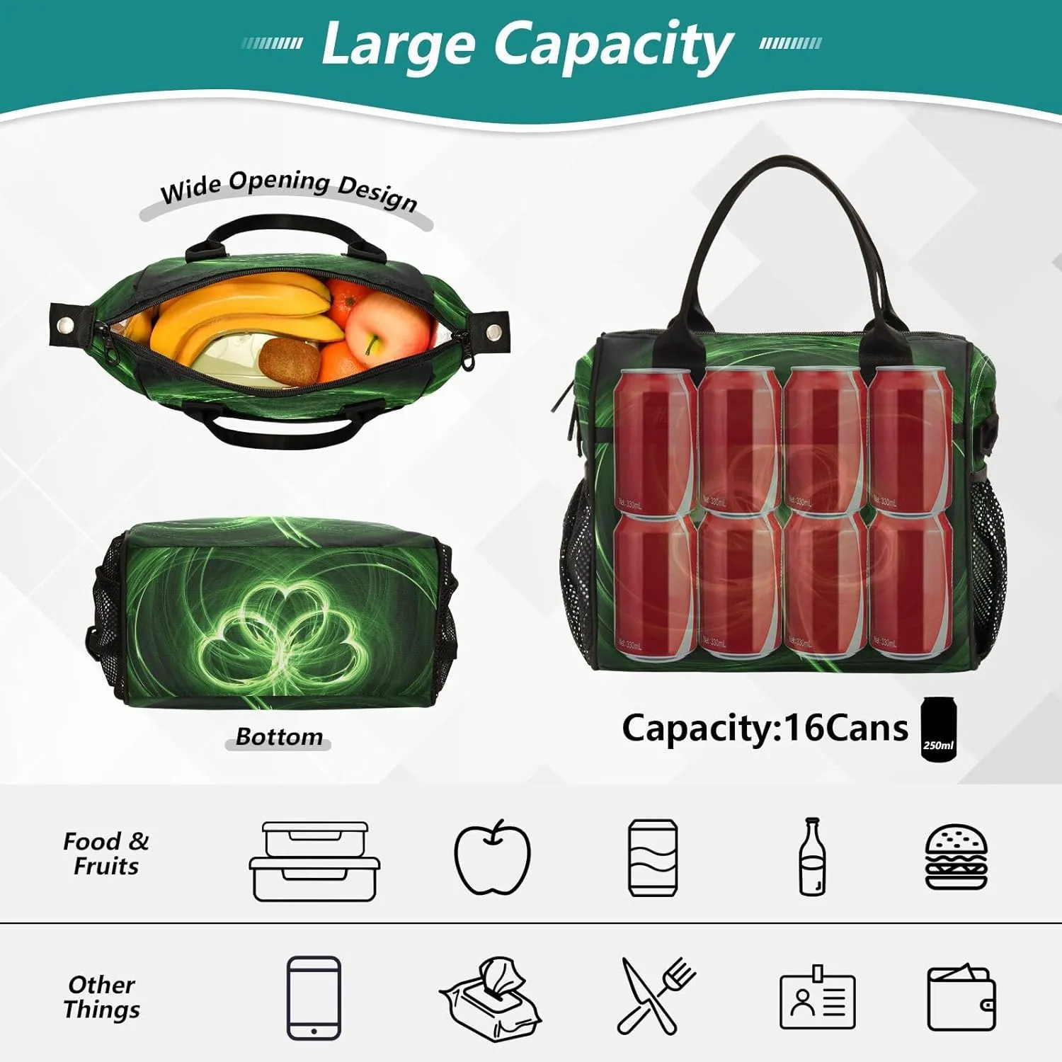 Print St.Patrick Day Shamrock Irish Lucky Clover Leaves Thermal Insulated Cooler Lunchbox Bag, Leakproof Nylon Lunch Meal Box Cotton Layer Holder Adjustable Strap S(11x10.6x5.5 in)