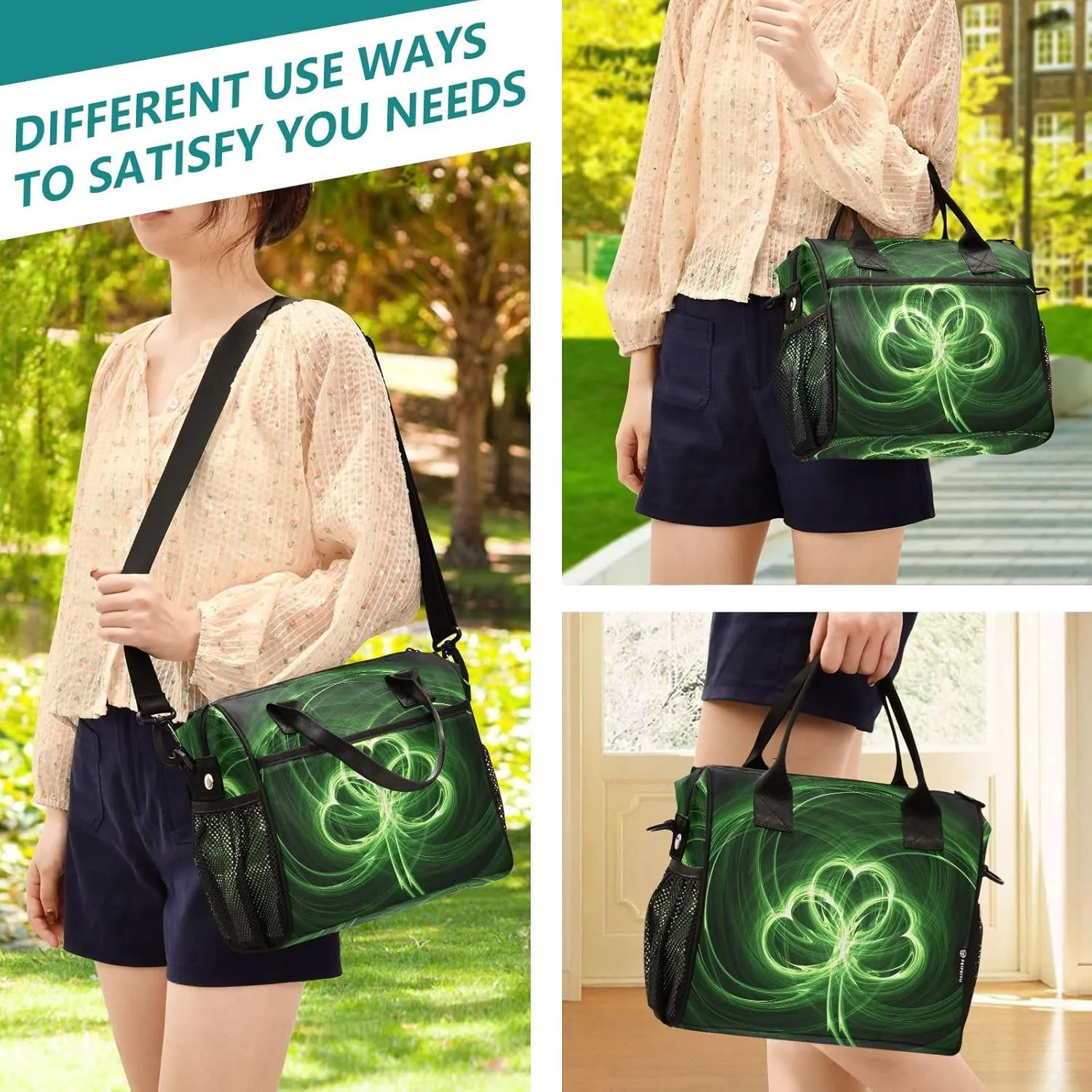 Print St.Patrick Day Shamrock Irish Lucky Clover Leaves Thermal Insulated Cooler Lunchbox Bag, Leakproof Nylon Lunch Meal Box Cotton Layer Holder Adjustable Strap S(11x10.6x5.5 in)