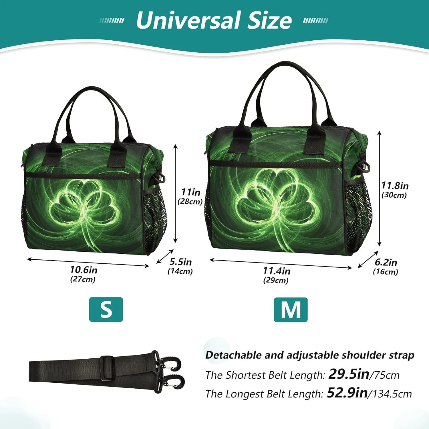 Print St.Patrick Day Shamrock Irish Lucky Clover Leaves Thermal Insulated Cooler Lunchbox Bag, Leakproof Nylon Lunch Meal Box Cotton Layer Holder Adjustable Strap S(11x10.6x5.5 in)