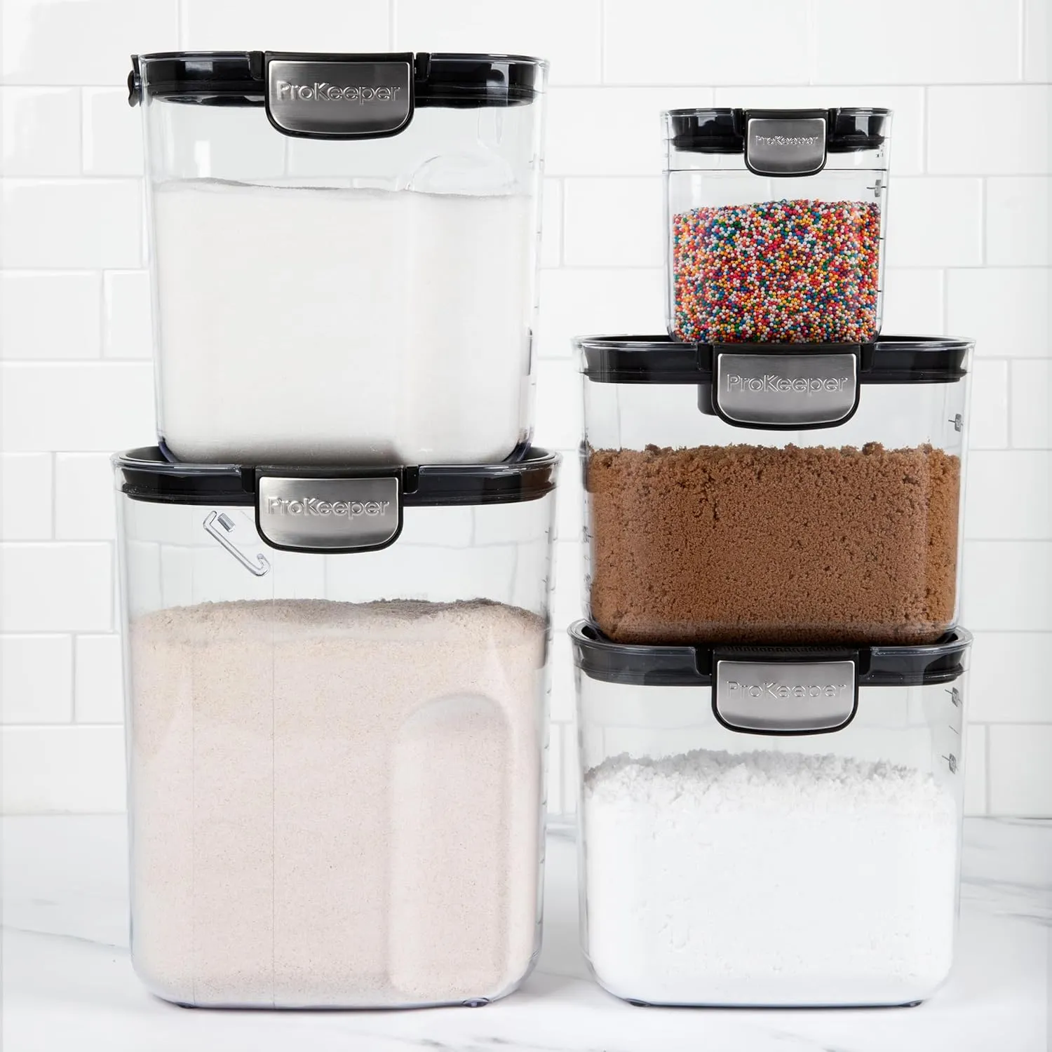 ProKeeper  Airtight Food Storage Container Set – Clear Plastic Flour and Sugar Canister Set with Magnetic Accessories for Kitchen Organization (Black, 9-Piece)