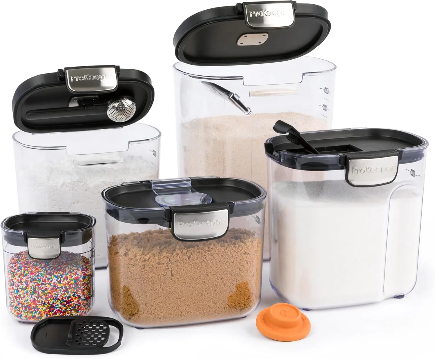 ProKeeper  Airtight Food Storage Container Set – Clear Plastic Flour and Sugar Canister Set with Magnetic Accessories for Kitchen Organization (Black, 9-Piece)