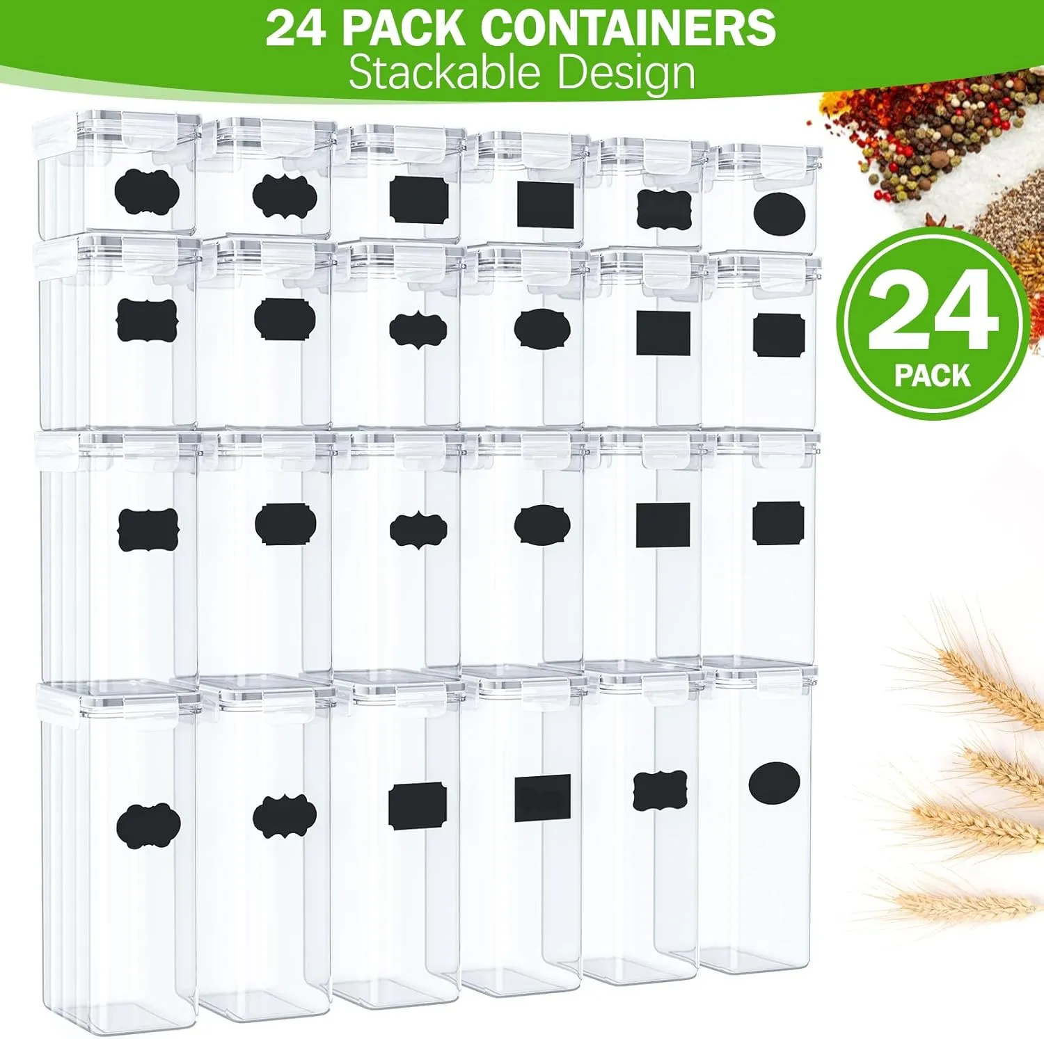 PurKeep 24 Pack Food Storage Containers - BPA Free, Airtight Kitchen Storage for Cereal, Flour, Sugar & Baking Supplies with 24 Labels & 1 Marker, 42L