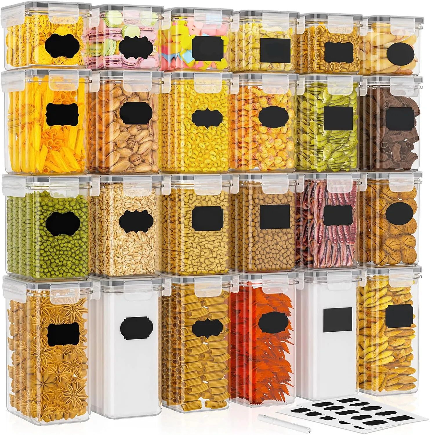 PurKeep 24 Pack Food Storage Containers - BPA Free, Airtight Kitchen Storage for Cereal, Flour, Sugar & Baking Supplies with 24 Labels & 1 Marker, 42L