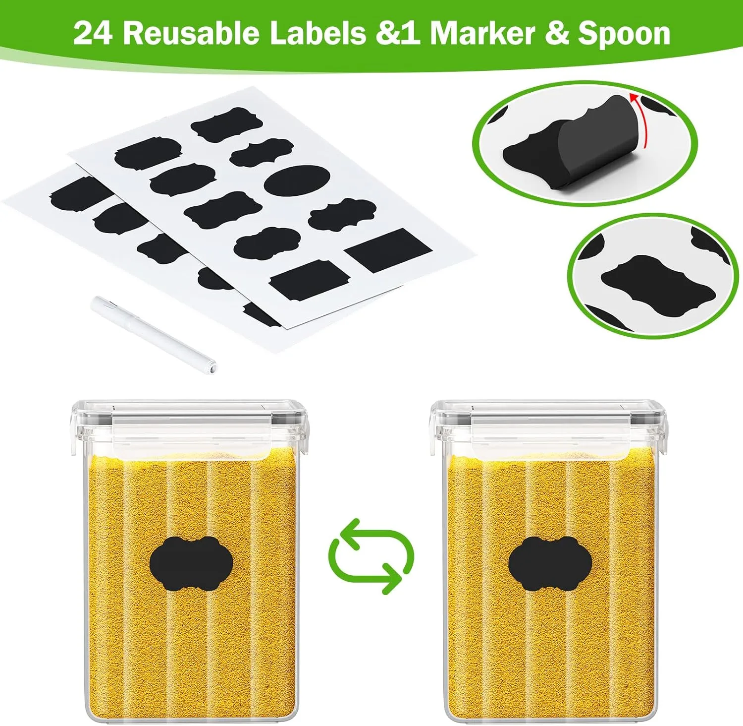 PurKeep 24 Pack Food Storage Containers - BPA Free, Airtight Kitchen Storage for Cereal, Flour, Sugar & Baking Supplies with 24 Labels & 1 Marker, 42L