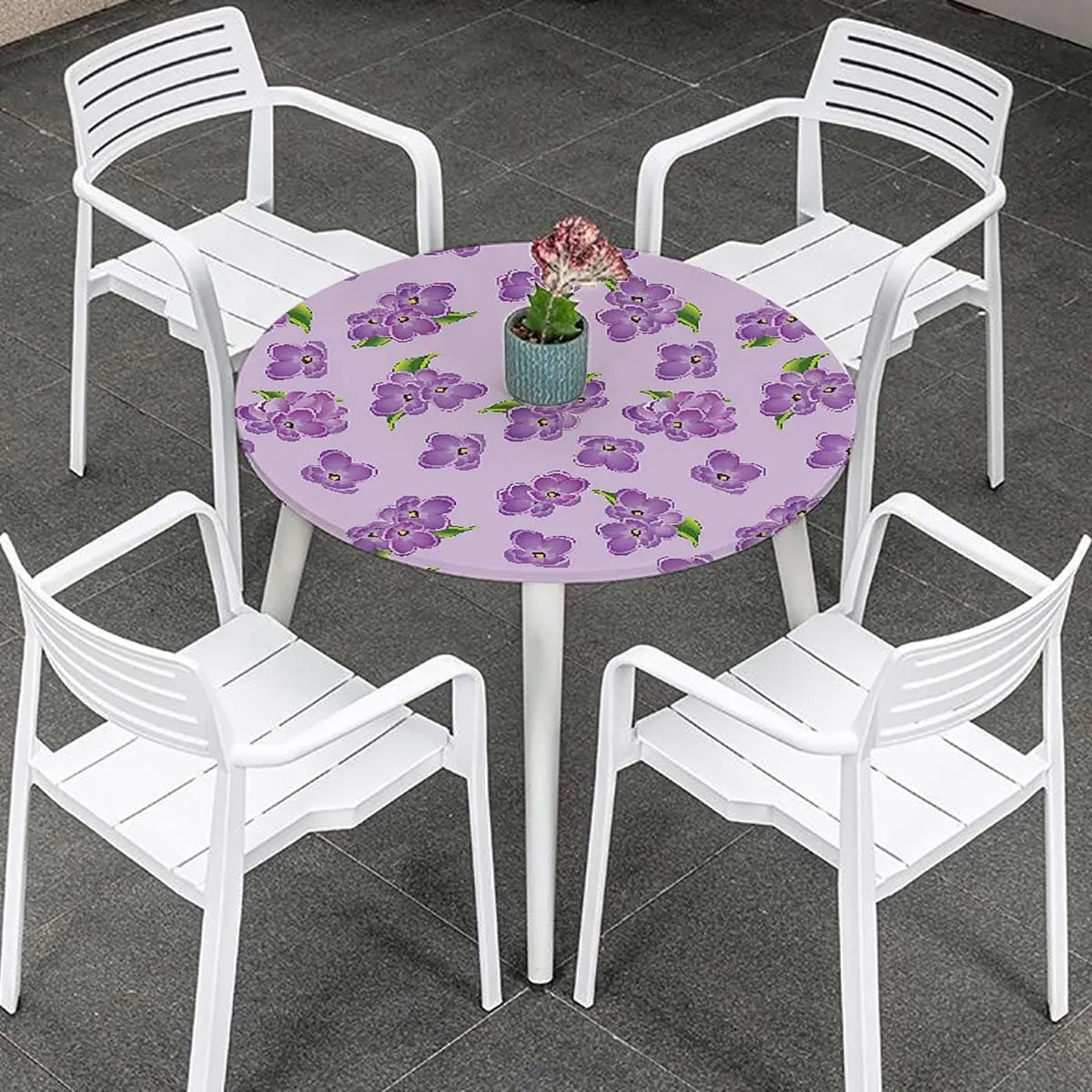 Purple and Green Tablecloth -Fitted with Elastic Botany Flower Garden Field Pattern Proof Table Cloth Wipe Clean Table Cover for Indoor and Outdoor Cartoon Fits up 45"-50" Diameter Tables