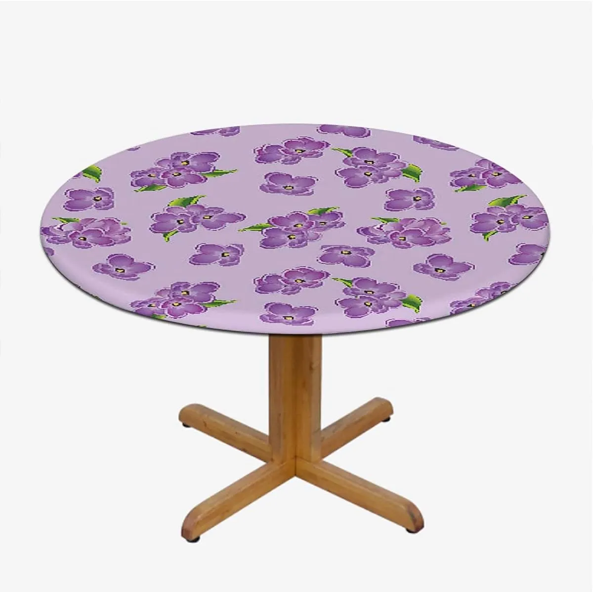 Purple and Green Tablecloth -Fitted with Elastic Botany Flower Garden Field Pattern Proof Table Cloth Wipe Clean Table Cover for Indoor and Outdoor Cartoon Fits up 45"-50" Diameter Tables