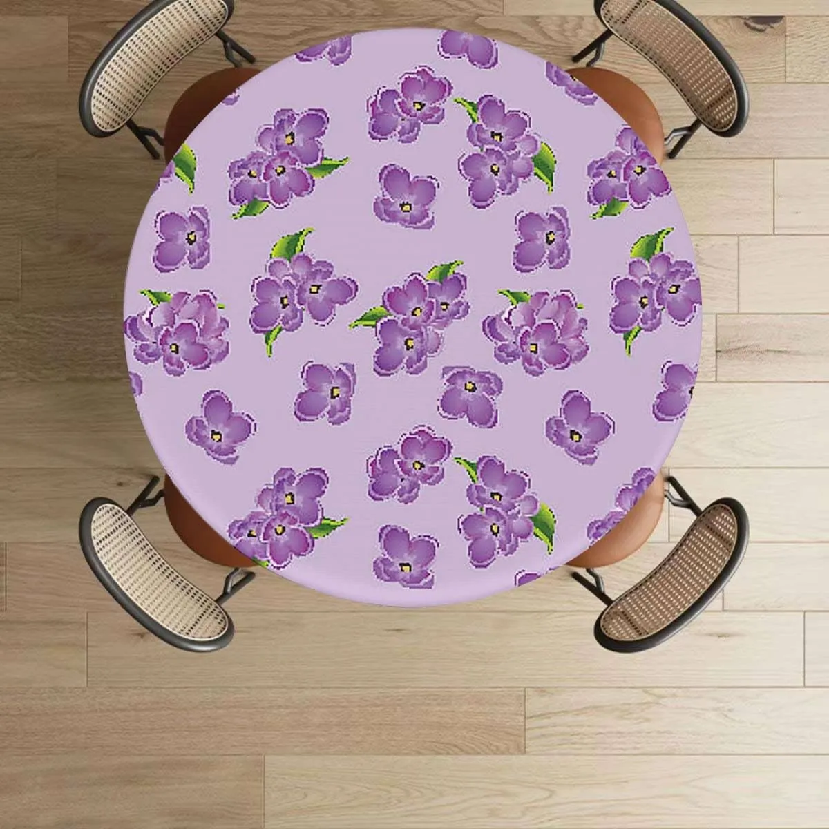 Purple and Green Tablecloth -Fitted with Elastic Botany Flower Garden Field Pattern Proof Table Cloth Wipe Clean Table Cover for Indoor and Outdoor Cartoon Fits up 45"-50" Diameter Tables