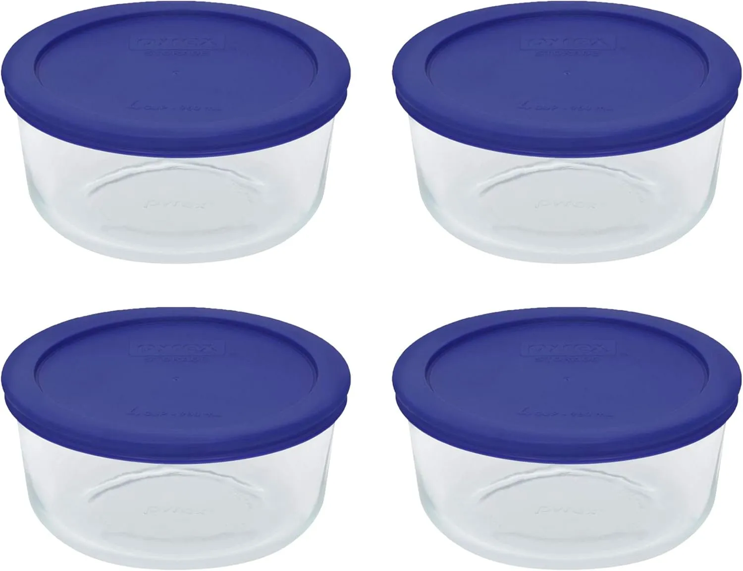 Pyrex Storage 4 Cup Round Dish, Clear with Blue Lid - Original Genuine Pyrex - Pack of 4 Containers