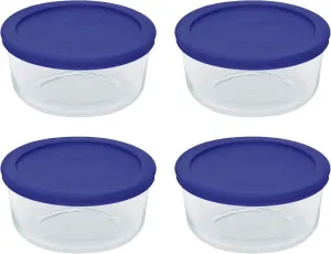 Pyrex Storage 4 Cup Round Dish, Clear with Blue Lid - Original Genuine Pyrex - Pack of 4 Containers