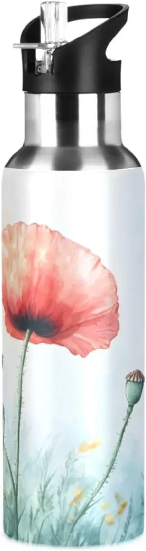 Qilmy Beautiful Poppy Flower Sport Water Bottle with Straw Lid Double Wall Vacuum Insulated Flask Stainless Steel Water Bottle 20 oz