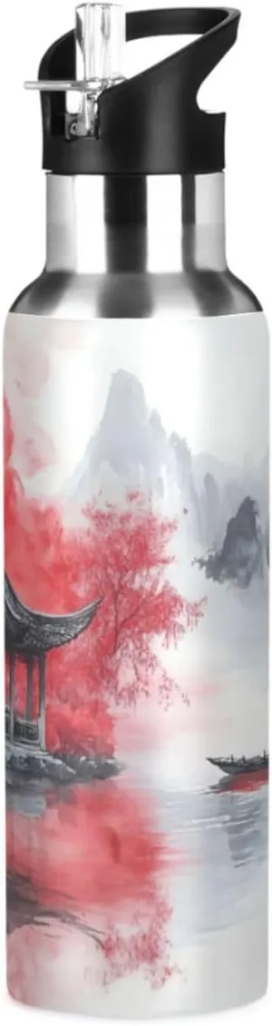Qilmy Chinese Style Ink Painting Sport Water Bottle with Straw Lid Double Wall Vacuum Insulated Flask Stainless Steel Water Bottle 20 oz