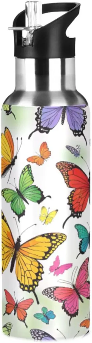 Qilmy Colorful Butterflies Sport Water Bottle with Straw Lid Double Wall Vacuum Insulated Flask Stainless Steel Water Bottle 20 oz