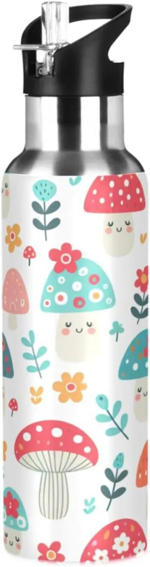 Qilmy Cute Mushroom Pattern Sport Water Bottle with Straw Lid Double Wall Vacuum Insulated Flask Stainless Steel Water Bottle 20 oz