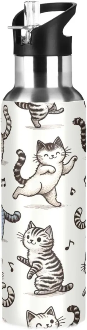 Qilmy Dancing Cats Sport Water Bottle with Straw Lid Double Wall Vacuum Insulated Flask Stainless Steel Water Bottle 20 oz
