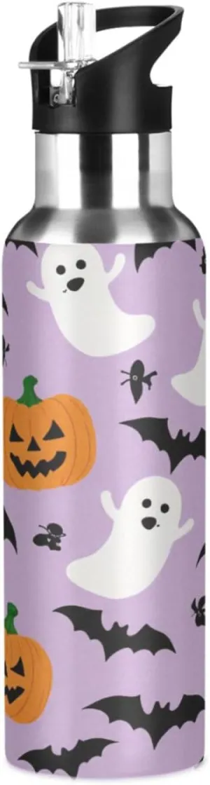 Qilmy Halloween Element Sport Water Bottle with Straw Lid Double Wall Vacuum Insulated Flask Stainless Steel Water Bottle 20 oz