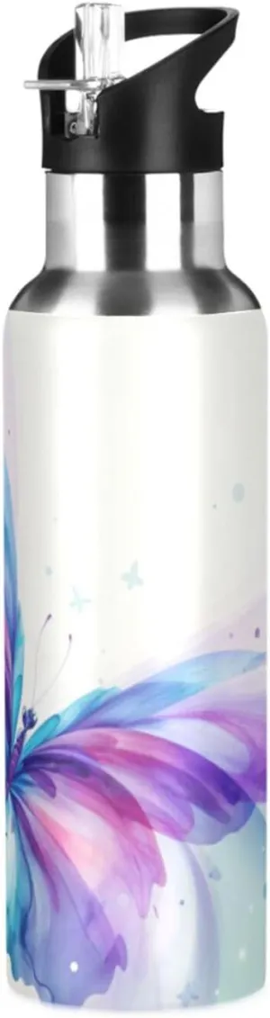 Qilmy Watercolor Butterfly Sport Water Bottle with Straw Lid Double Wall Vacuum Insulated Flask Stainless Steel Water Bottle 20 oz