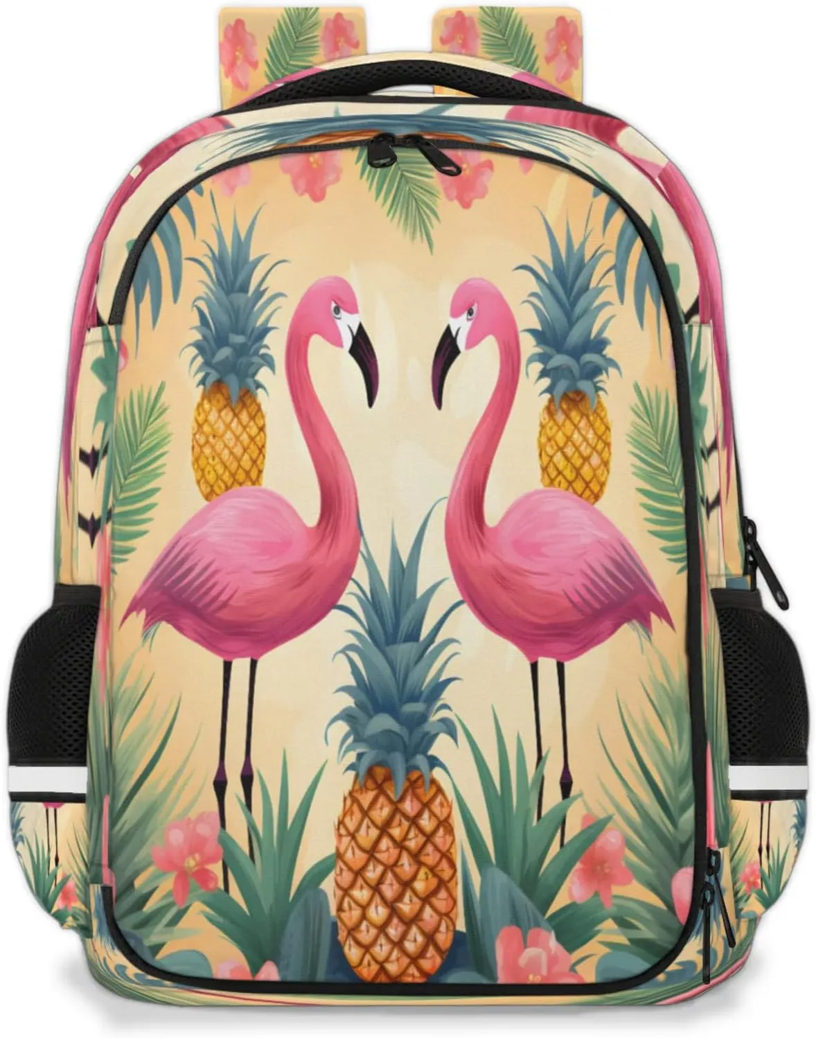 QsirBC Pineapples Flamingos Leaves Multi Compartment Backpack with Reflective Strips Adjustable Padded Straps Large Capacity Waterproof Duffel Bag for Men Women Work and Daily Use