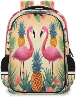 QsirBC Pineapples Flamingos Leaves Multi Compartment Backpack with Reflective Strips Adjustable Padded Straps Large Capacity Waterproof Duffel Bag for Men Women Work and Daily Use