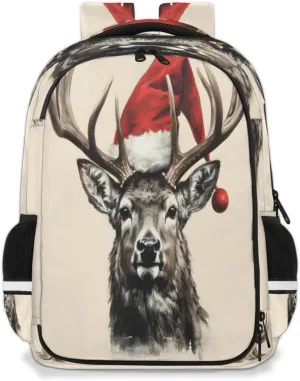 QsirBC Watercolour Elk Christmas Hat Multi Compartment Backpack with Reflective Strips Adjustable Padded Straps Large Capacity Waterproof Duffel Bag for Men Women Work and Daily Use