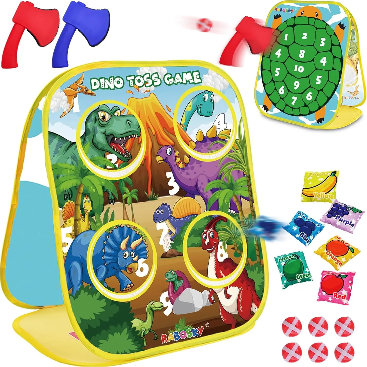 RaboSky 3-in-1 Feed Dinosaur Toss Games for Kids with 6 Fruit Bean Bags, 2 Throwing Axes, 6 Sticky Balls, Outdoor Toddlers Toys for 2 3 4 5 Boy Gifts Birthday Party Valentines Easter Christmas