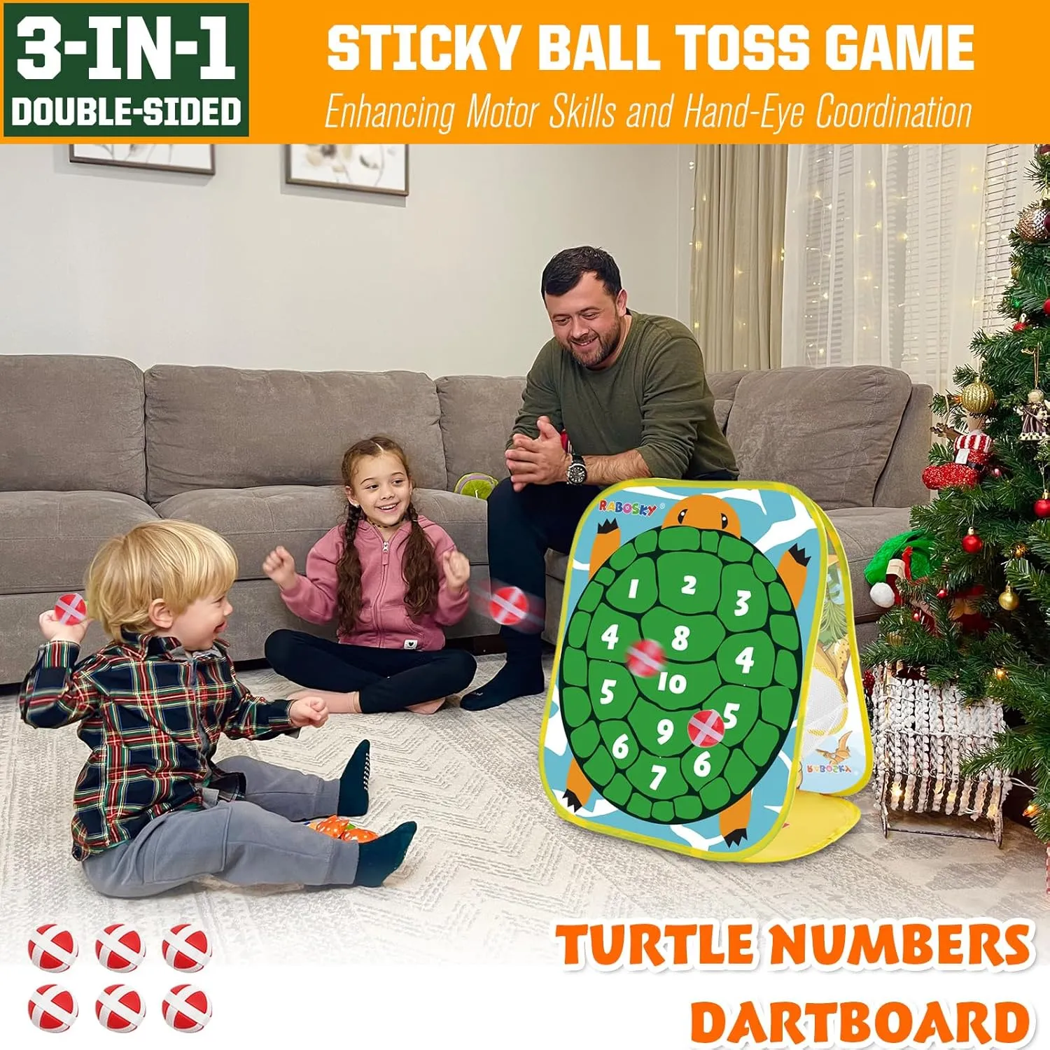 RaboSky 3-in-1 Feed Dinosaur Toss Games for Kids with 6 Fruit Bean Bags, 2 Throwing Axes, 6 Sticky Balls, Outdoor Toddlers Toys for 2 3 4 5 Boy Gifts Birthday Party Valentines Easter Christmas