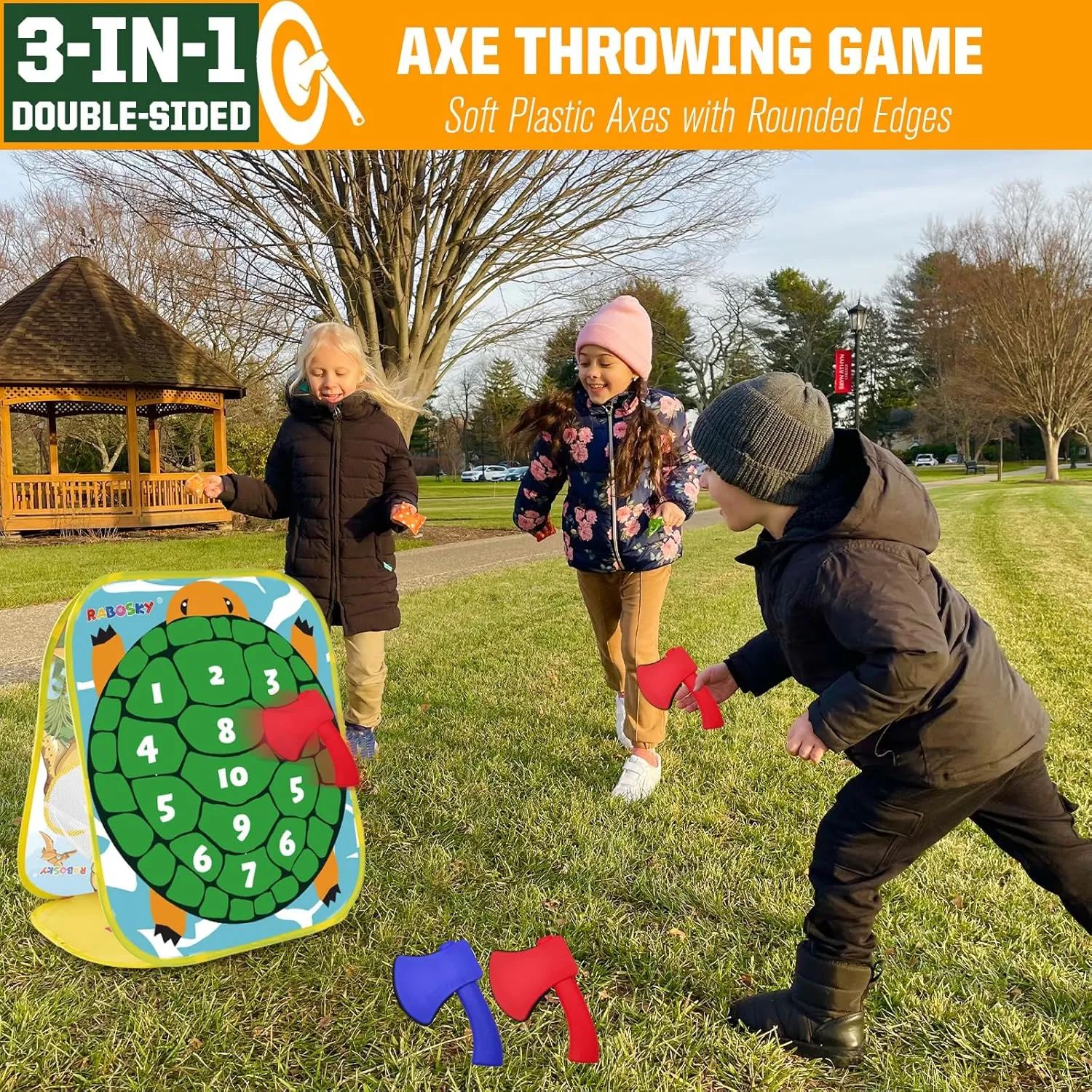 RaboSky 3-in-1 Feed Dinosaur Toss Games for Kids with 6 Fruit Bean Bags, 2 Throwing Axes, 6 Sticky Balls, Outdoor Toddlers Toys for 2 3 4 5 Boy Gifts Birthday Party Valentines Easter Christmas