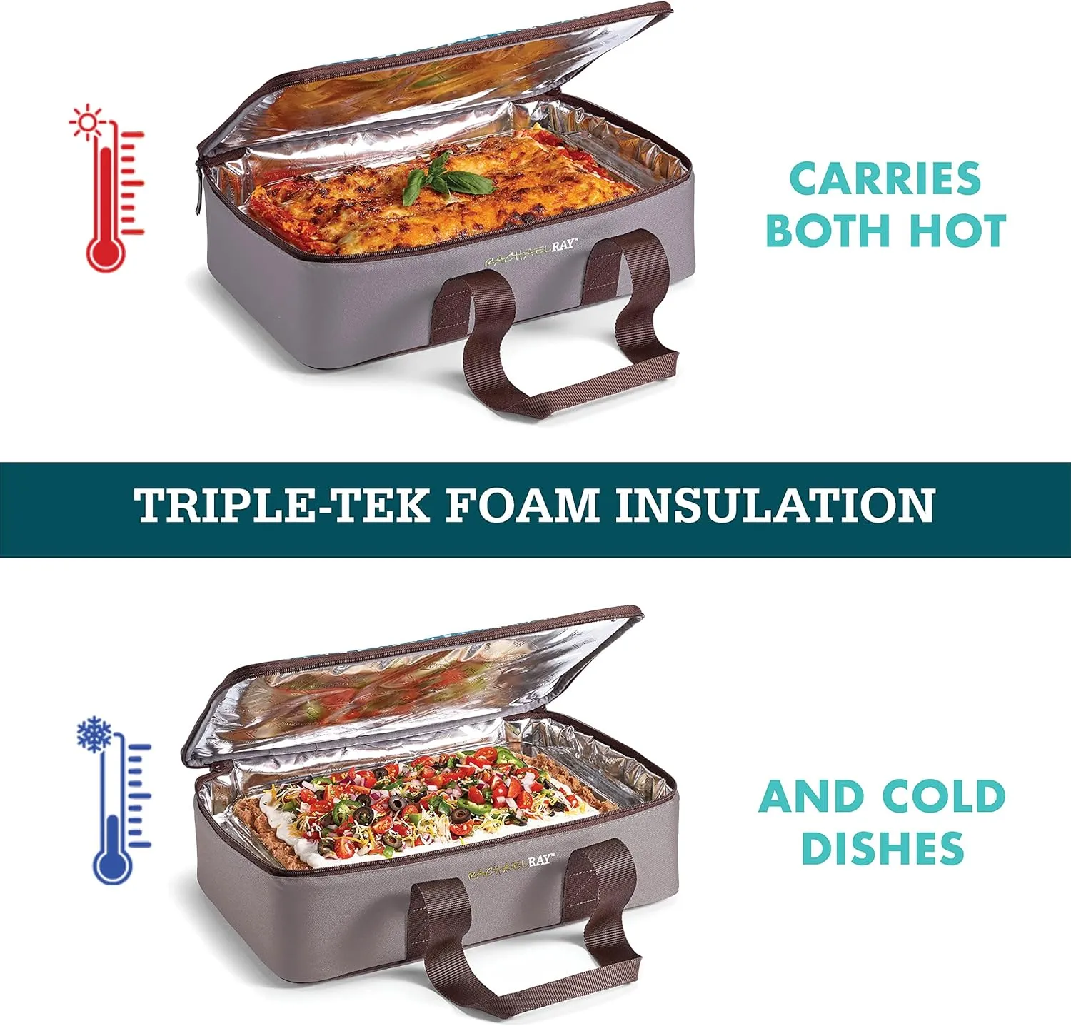 Rachael Ray Lasagna Lugger, Thermal Insulated Casserole Carrier for Hot or Cold Food, Lugger Tote for Pockluck, Parties, Picnic, and Cookouts, Fits 9" x 13" Baking Dish, Sea Salt Grey