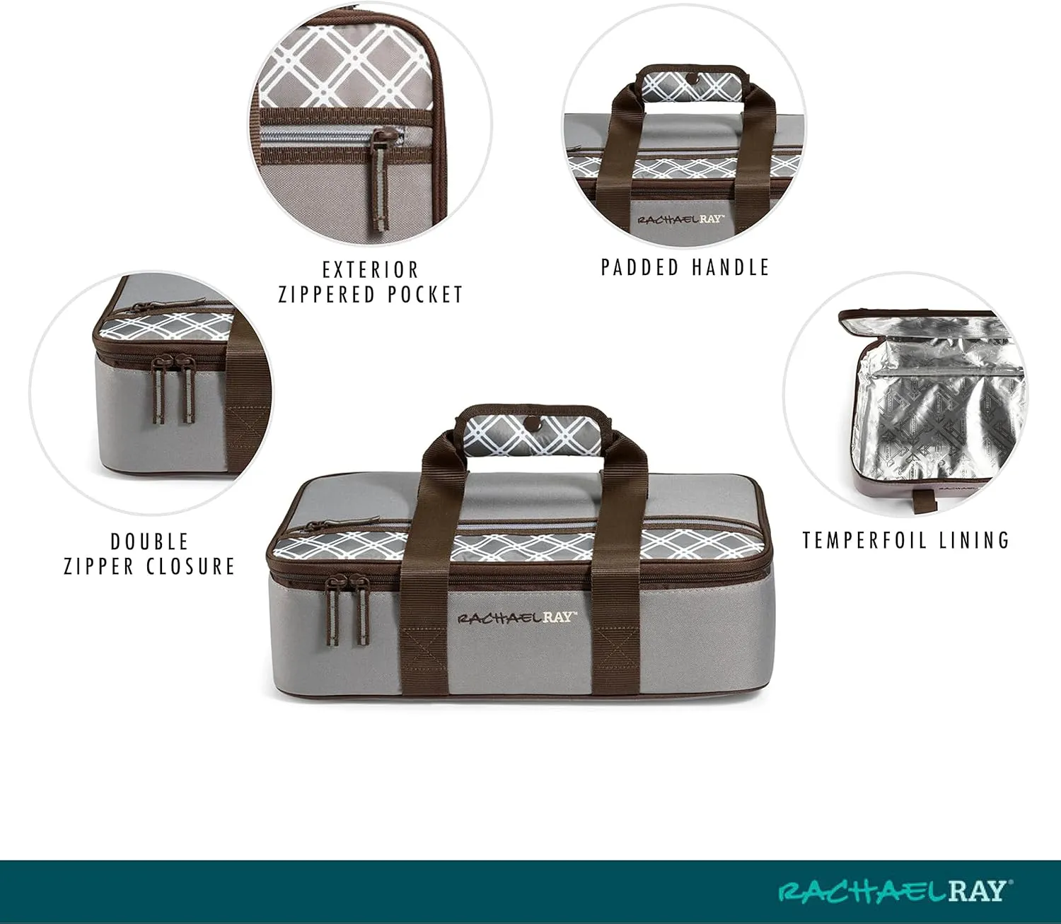 Rachael Ray Lasagna Lugger, Thermal Insulated Casserole Carrier for Hot or Cold Food, Lugger Tote for Pockluck, Parties, Picnic, and Cookouts, Fits 9" x 13" Baking Dish, Sea Salt Grey