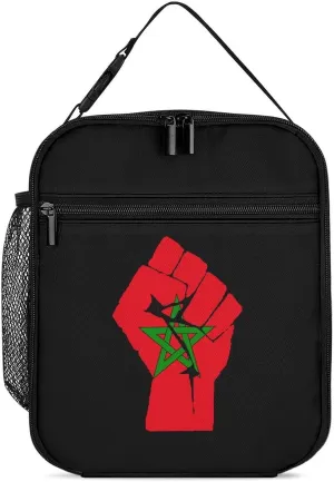 Raised Fist Morocco Flag Insulated Lunch Bag Cooler Bag Portable Leakproof Lunch Box Adjustable Handbag Meal Tote with Handle