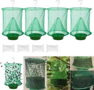 Ranch Fly Trap - 4 Pack Outdoor Hanging Fly Traps with Bait Tray, Reusable Stable Fly Catcher & Fly Control Bags for Farm, Garden, Park, Orchard (Green)