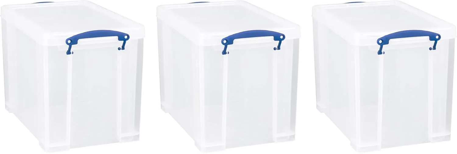 Really Useful Box 19 Liter Plastic Stackable Storage Container w/Snap Lid & Built-In Clip Lock Handles for Home & Office Organization, Clear (3 Pack)