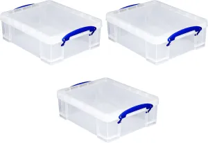 Really Useful Box Stackable 8.1 Liter Plastic Storage Container Bin with Snap Lid & Built-In Clip Lock Handles for Home & Office Organization (3 Pack)