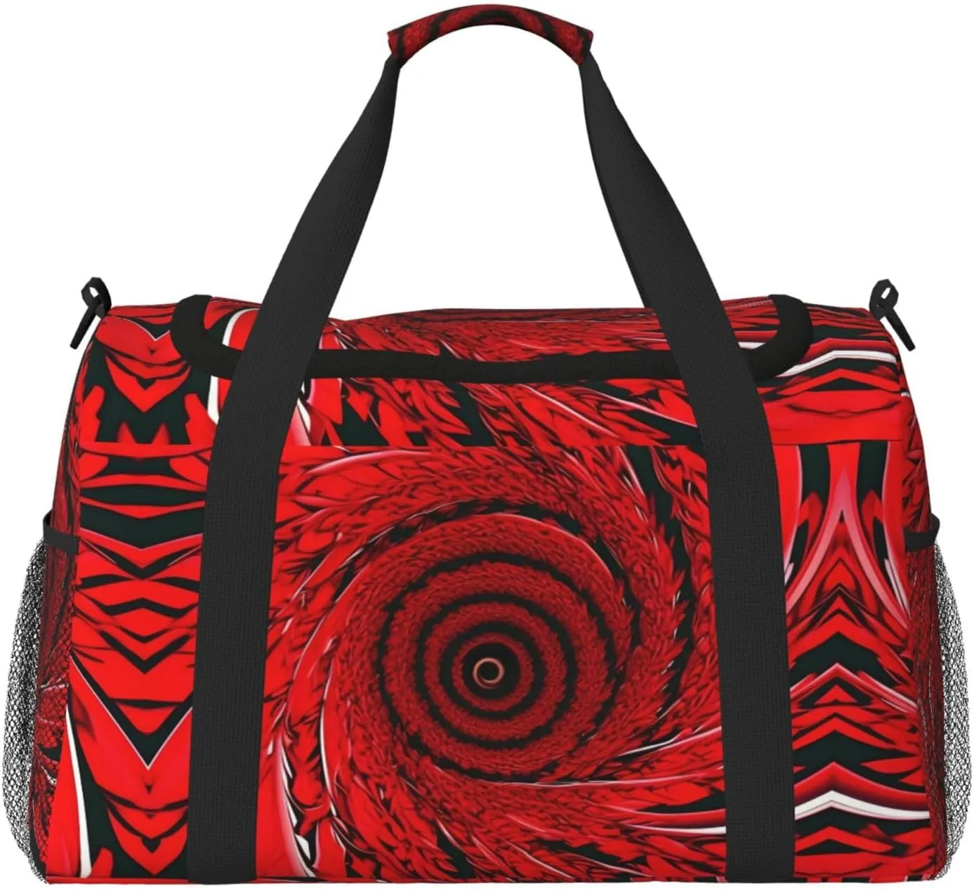 Red Flower Vortex Spiral Travel Tote Bag â€“ Large Reusable Shopping Bag, Vacation Tote, Sports Duffel Bag with Adjustable Crossbody Strap