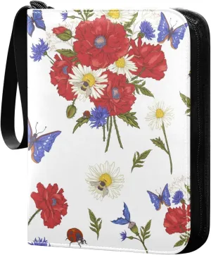 Red Poppies and Blue Butterflies Pattern Card Binder for Trading Cards, 4 Pocket with 50 Sleeves up to 400 Cards, Double Sided Pockets Card Holder Carry Case for Baseball Card, Football Card, Gaming C