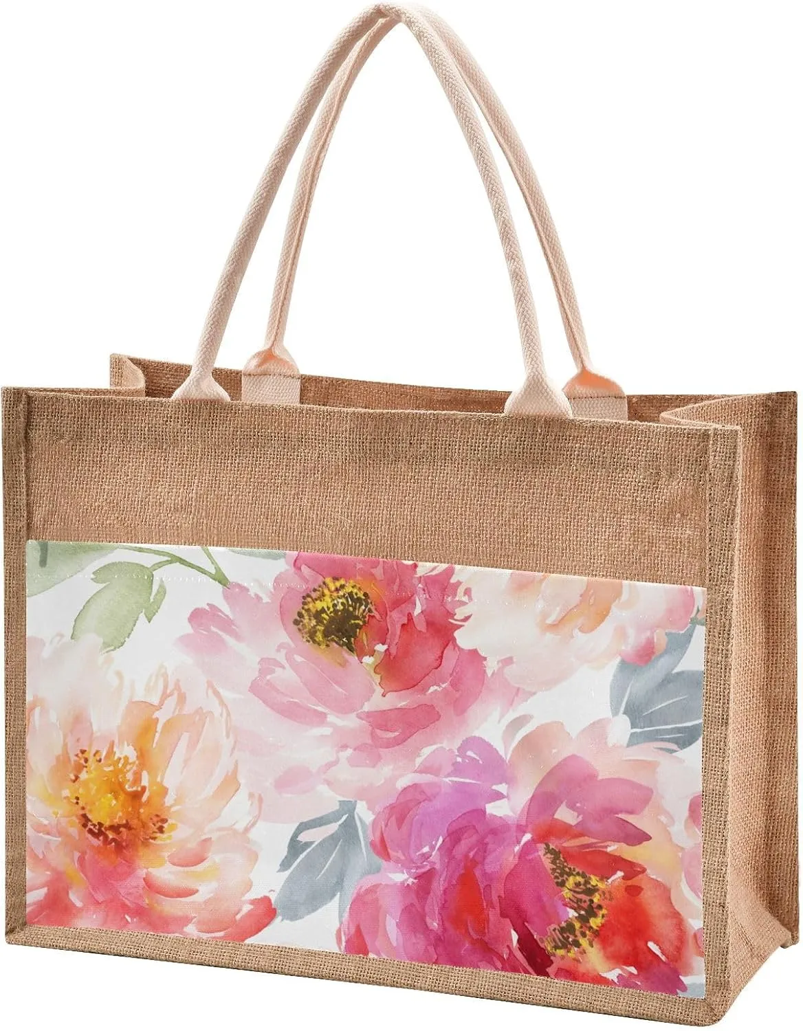 Render Flower Handbag Burlap Bag with Handles Reusable Jute Canvas Gift Tote