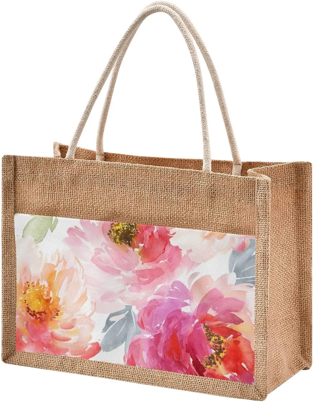 Render Flower Handbag Burlap Bag with Handles Reusable Jute Canvas Gift Tote