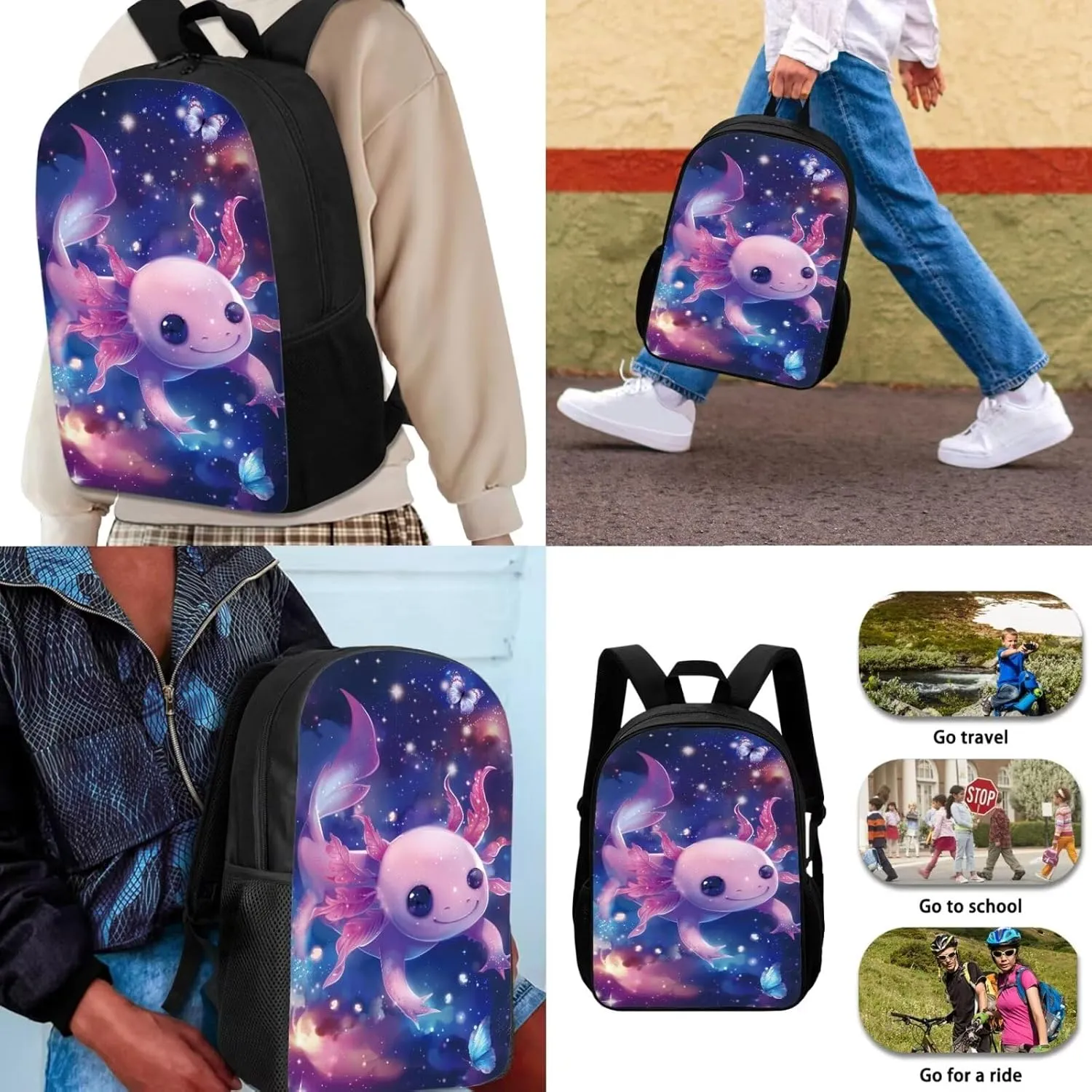 Renewold 3Pcs Kids Teens Backpack Set Axolotl Galaxy Space Butterfly Schoolbag with Lunch Box Pencil Case Preschool Primary Middle School Student Bookbag School Backpacks Girls Book Bag Age 6-8 10-12