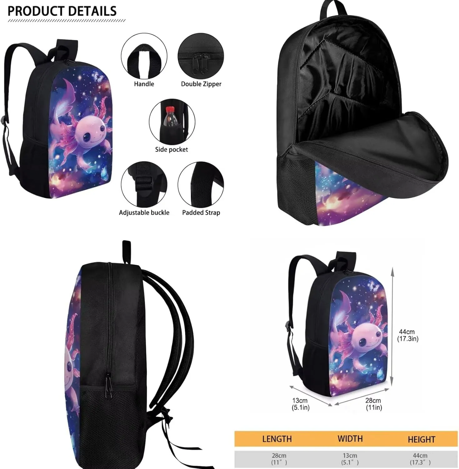 Renewold 3Pcs Kids Teens Backpack Set Axolotl Galaxy Space Butterfly Schoolbag with Lunch Box Pencil Case Preschool Primary Middle School Student Bookbag School Backpacks Girls Book Bag Age 6-8 10-12