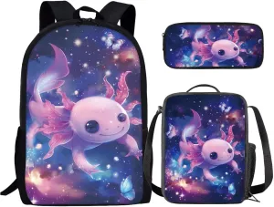 Renewold 3Pcs Kids Teens Backpack Set Axolotl Galaxy Space Butterfly Schoolbag with Lunch Box Pencil Case Preschool Primary Middle School Student Bookbag School Backpacks Girls Book Bag Age 6-8 10-12