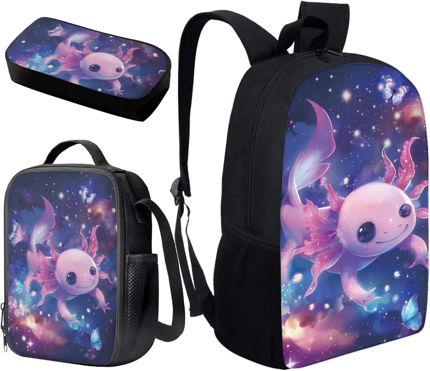 Renewold 3Pcs Kids Teens Backpack Set Axolotl Galaxy Space Butterfly Schoolbag with Lunch Box Pencil Case Preschool Primary Middle School Student Bookbag School Backpacks Girls Book Bag Age 6-8 10-12