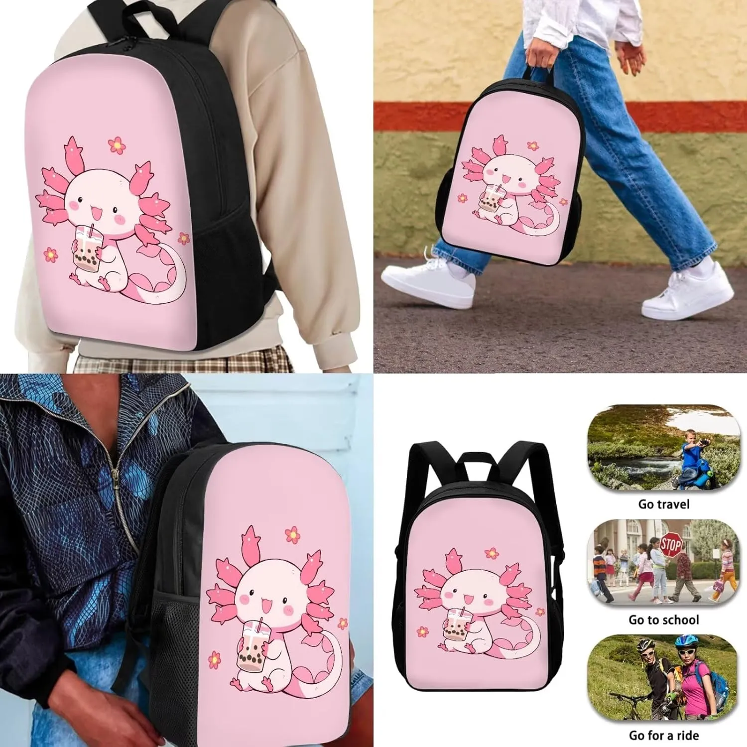 Renewold Axolotl Drinks Pink, Cute Kids Backpack Girls, Set 3 in 1 Children Teens Schoolbag Bookbag, School Book Bag with Breathable Padded Shoulder Straps, Matching with Lunch Bag Pencil Case