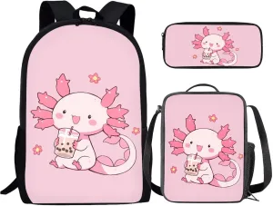 Renewold Axolotl Drinks Pink, Cute Kids Backpack Girls, Set 3 in 1 Children Teens Schoolbag Bookbag, School Book Bag with Breathable Padded Shoulder Straps, Matching with Lunch Bag Pencil Case