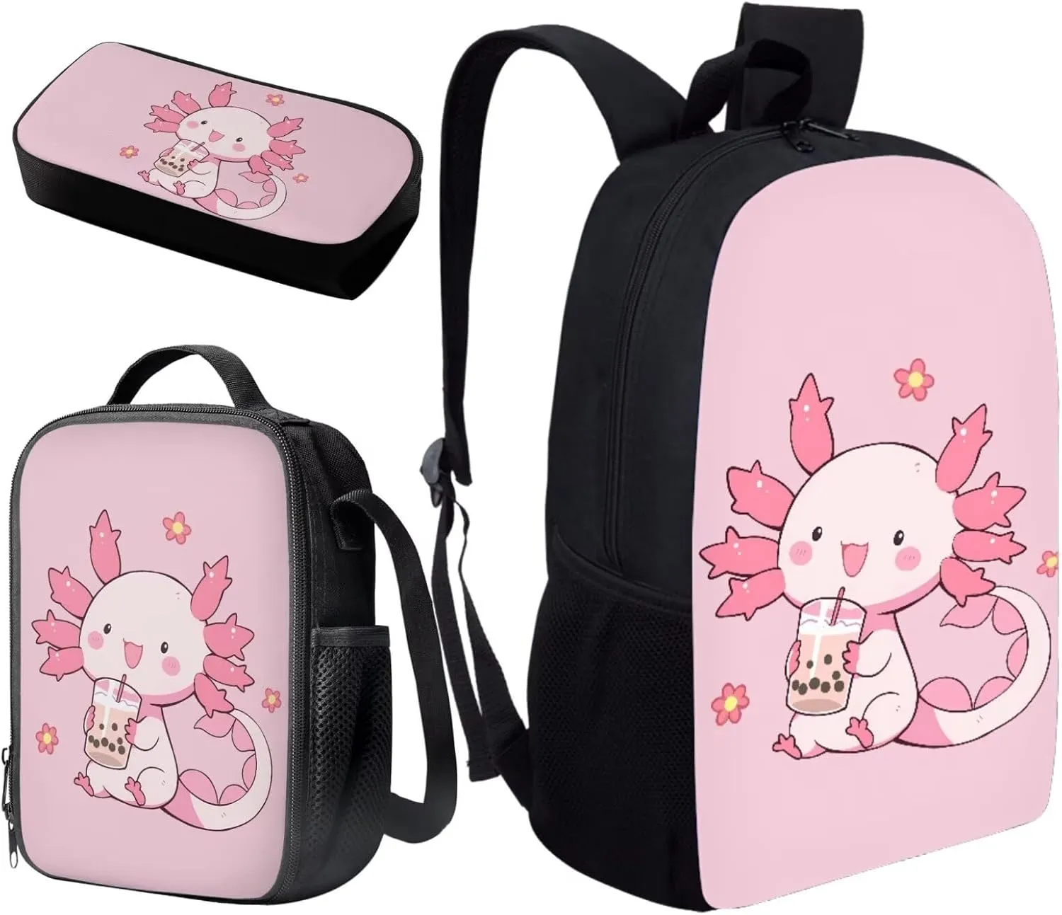 Renewold Axolotl Drinks Pink, Cute Kids Backpack Girls, Set 3 in 1 Children Teens Schoolbag Bookbag, School Book Bag with Breathable Padded Shoulder Straps, Matching with Lunch Bag Pencil Case