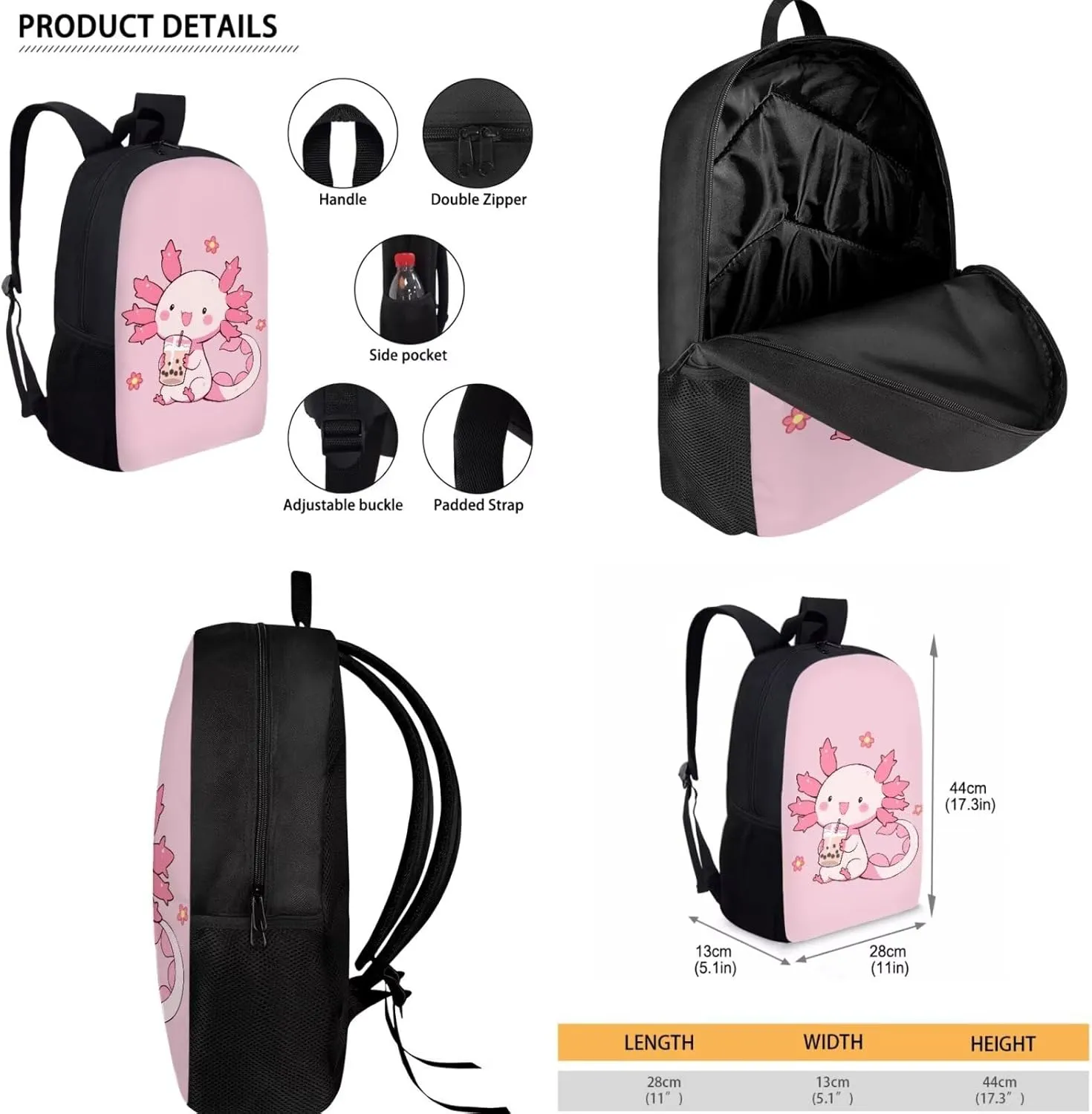 Renewold Axolotl Drinks Pink, Cute Kids Backpack Girls, Set 3 in 1 Children Teens Schoolbag Bookbag, School Book Bag with Breathable Padded Shoulder Straps, Matching with Lunch Bag Pencil Case